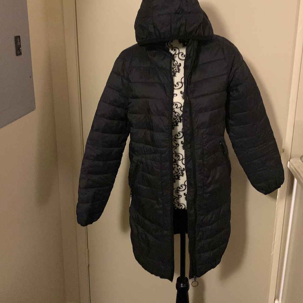 Black coat with white stripe on each side